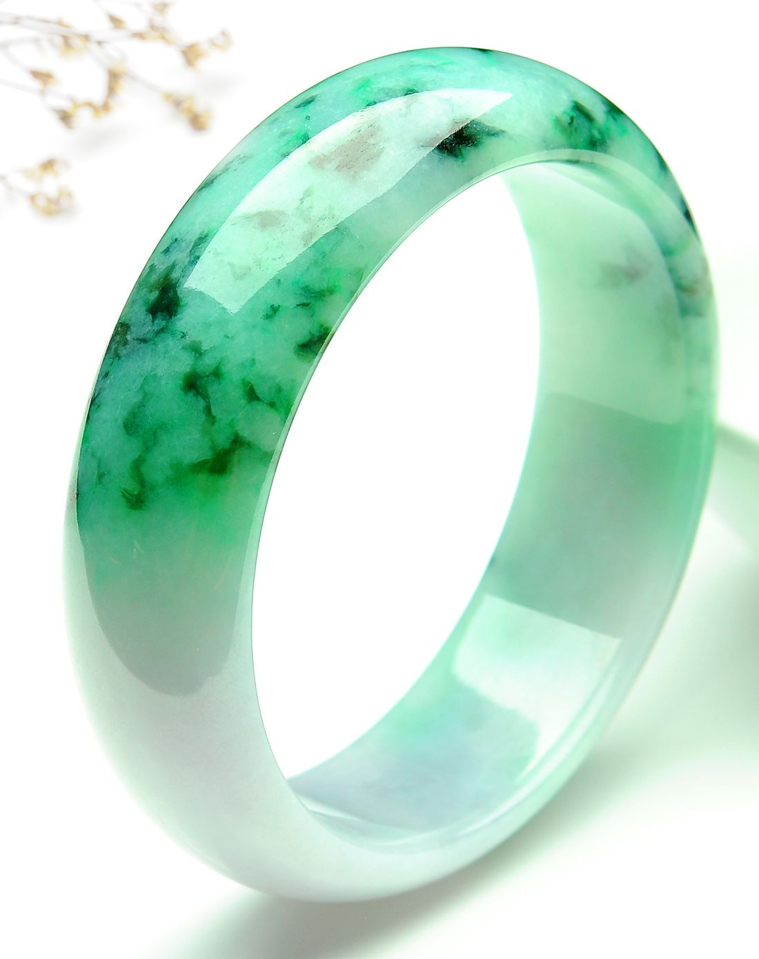 阳绿飘花冰糯种飘花翡翠手镯(附证书)