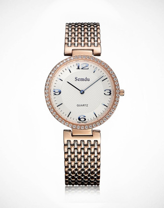 绅度钻石世家圈钻玫钢带男士石英腕表