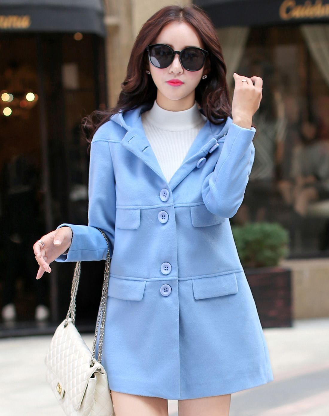 浅蓝色连帽韩版中长款大衣