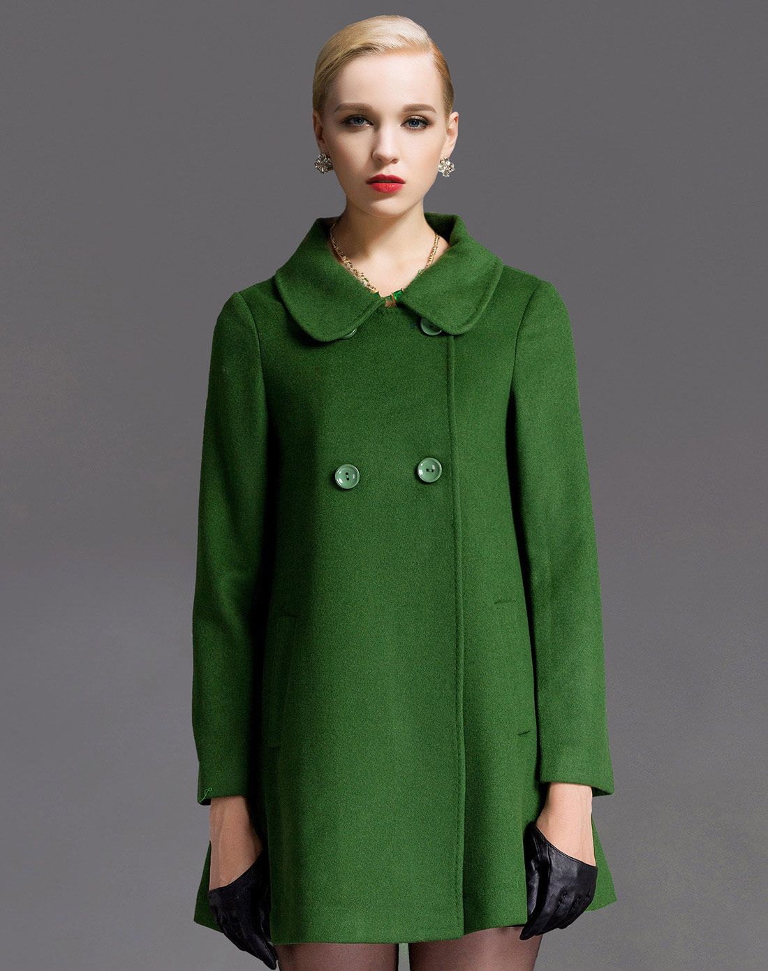 墨绿色韩版宽松显瘦羊毛大衣