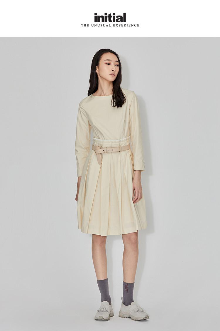 initial棉质复古高腰百褶长袖连衣裙女