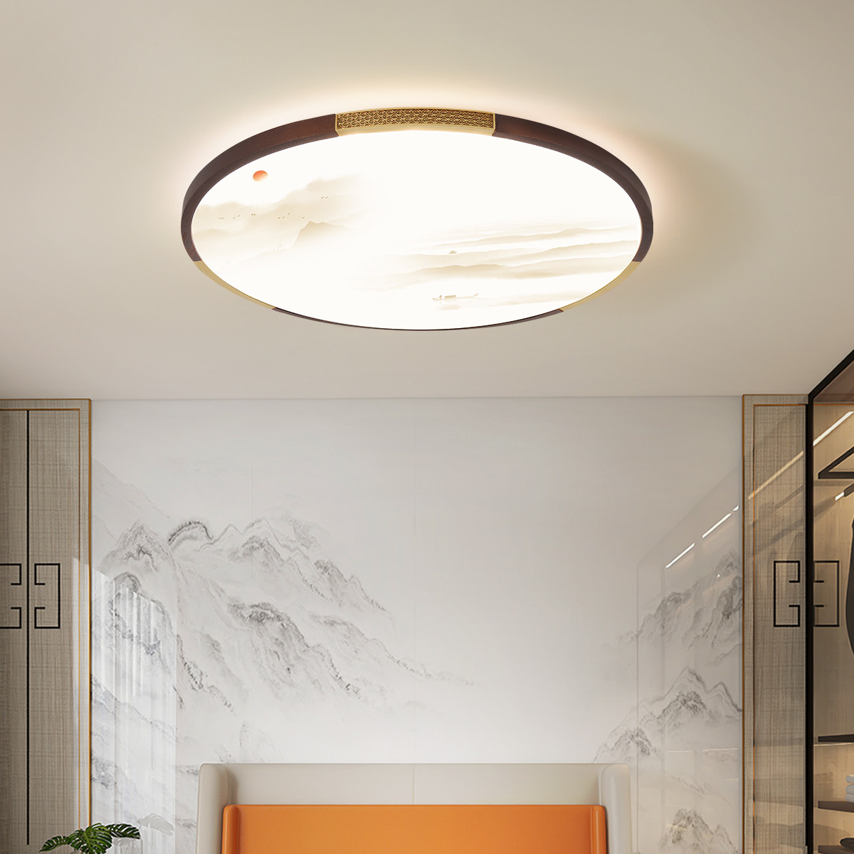 吸顶灯新中式卧室灯书房餐厅圆形中国风现代简约木艺灯具