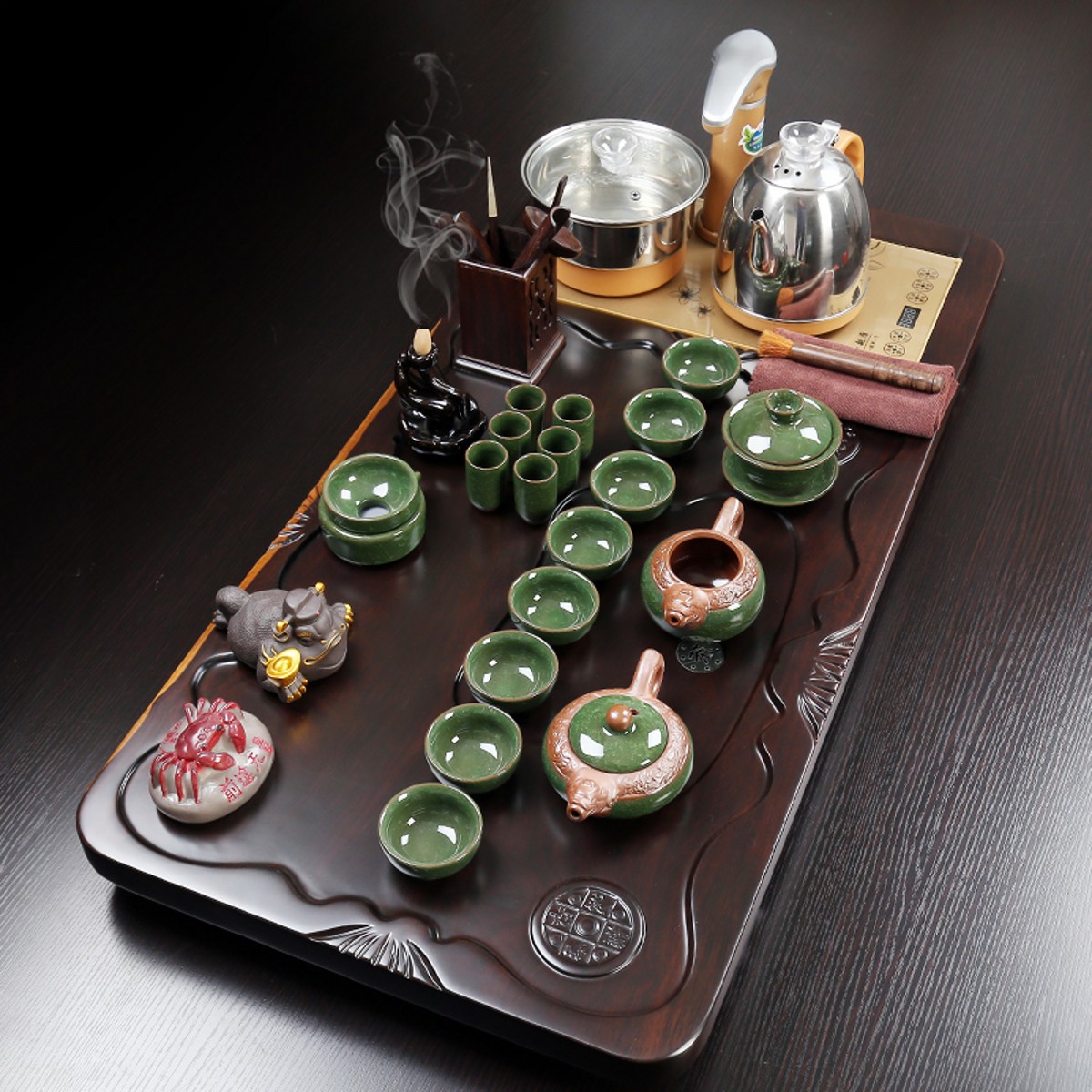 整板黑檀木吉祥如意茶盘功夫茶具套装全自动四合一原矿紫砂黑陶龙纹冰