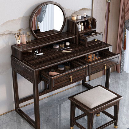 新中式乌金木实木梳妆台大容量储物现代简约轻奢原木带镜化妆桌子
