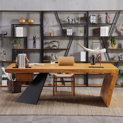 现代工作室实木办公桌书房复古台式电脑桌个性创意卧室书桌椅组合