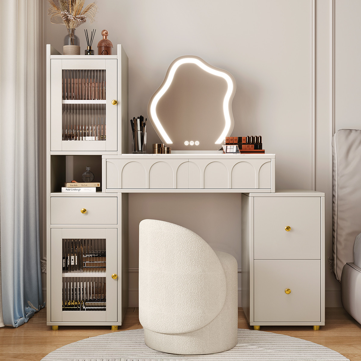 现代简约轻奢梳妆台储物柜一体可伸缩小户型卧室床头化妆桌子书桌