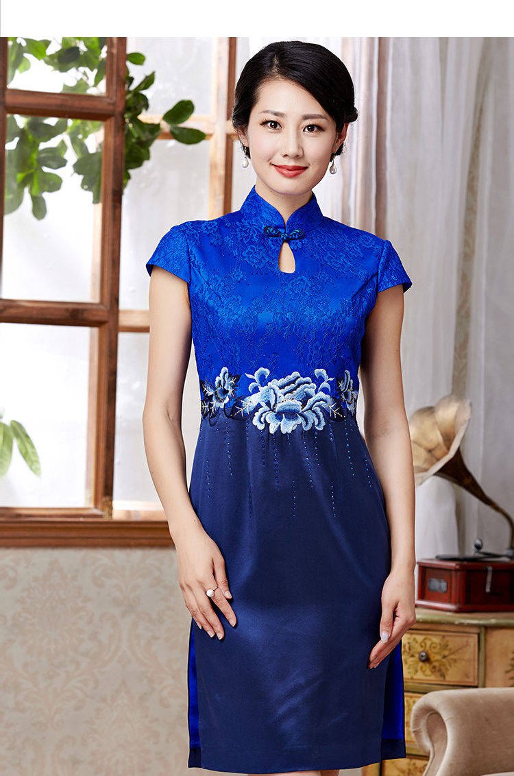 女款宝蓝色/藏青色真丝旗袍