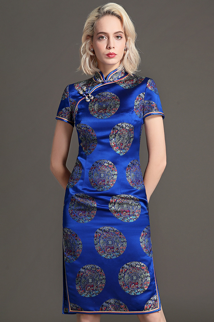 女款宝蓝色织锦缎旗袍