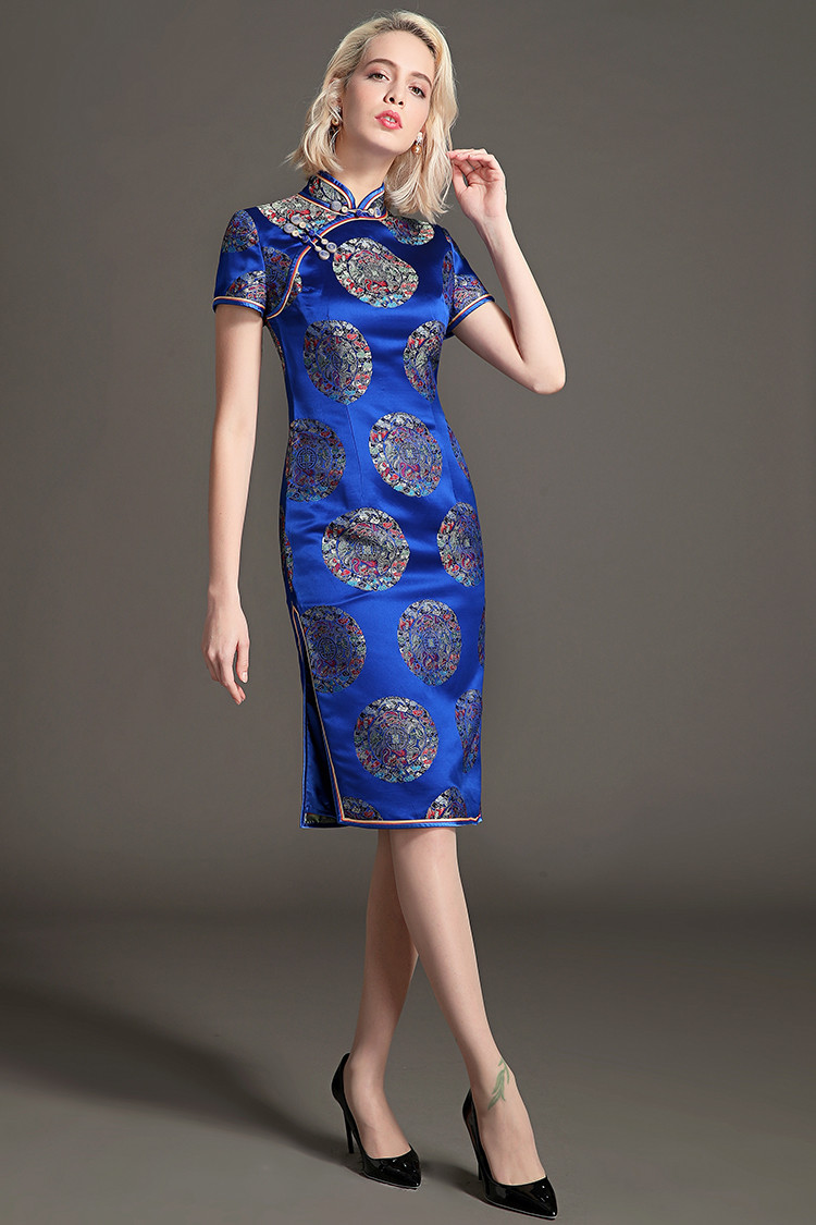 女款宝蓝色织锦缎旗袍