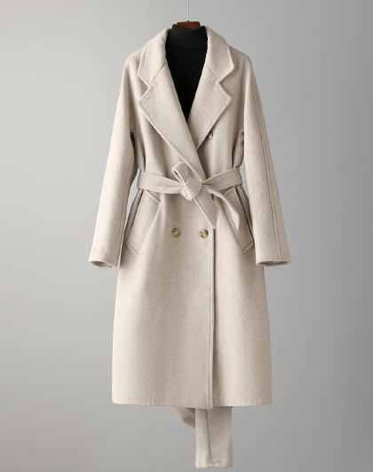 秋冬绵羊毛大衣女士简约中长款双排扣西装领腰带毛呢外套