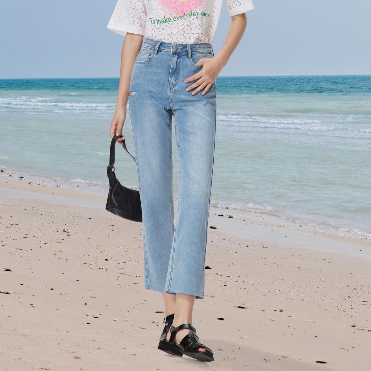 semir 森马 毛边破洞九分牛仔裤女64元