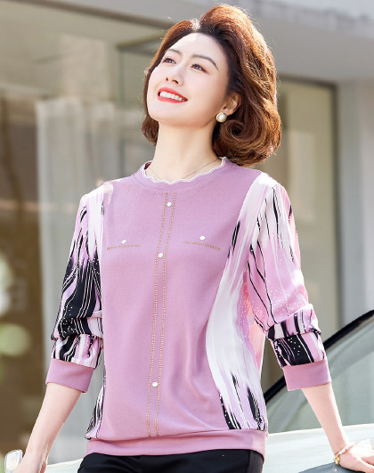 2024春季新款拼接长袖小衫中老年女装圆领t恤妈妈装印花上衣