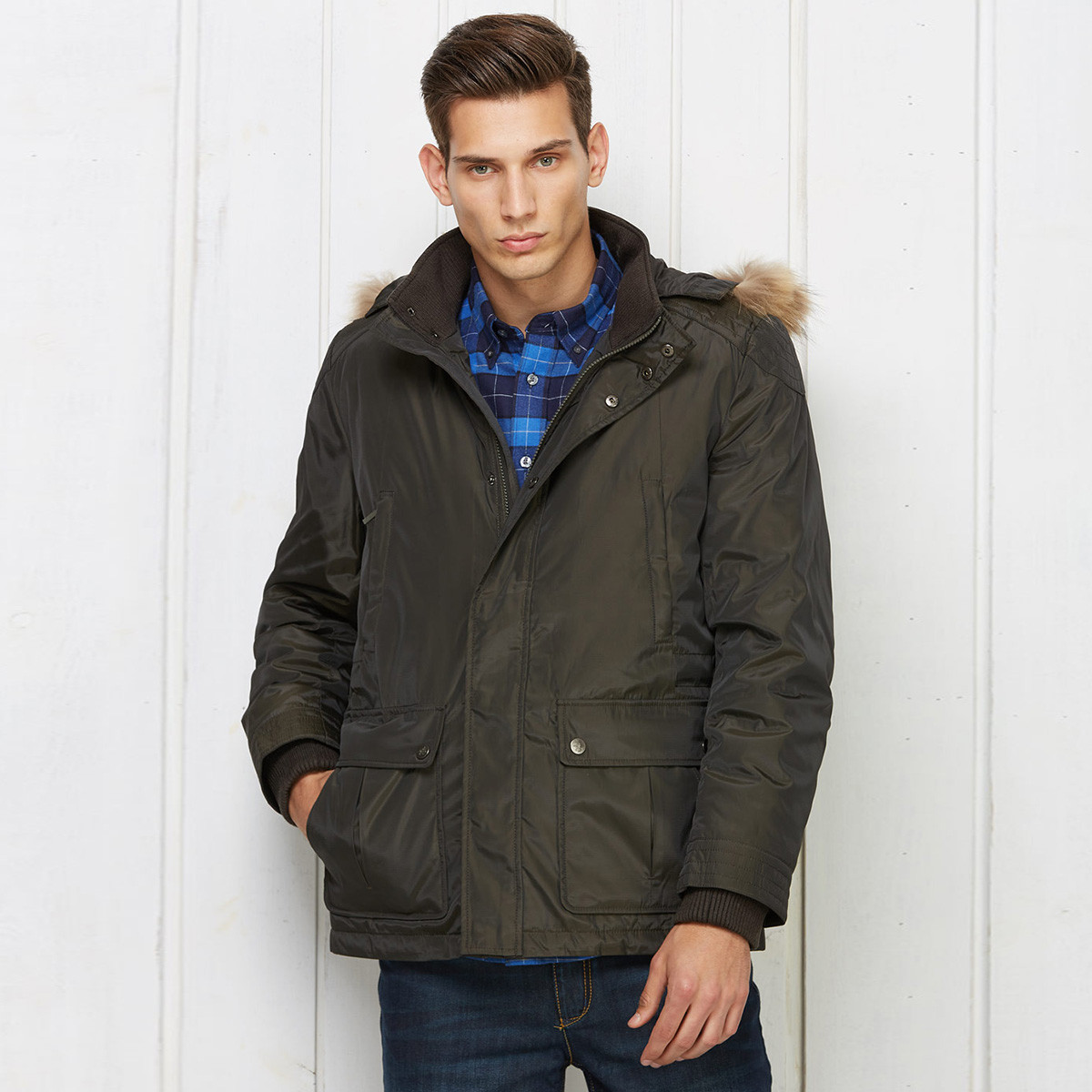 圣大保罗秋冬连帽中长款男款羽绒外套