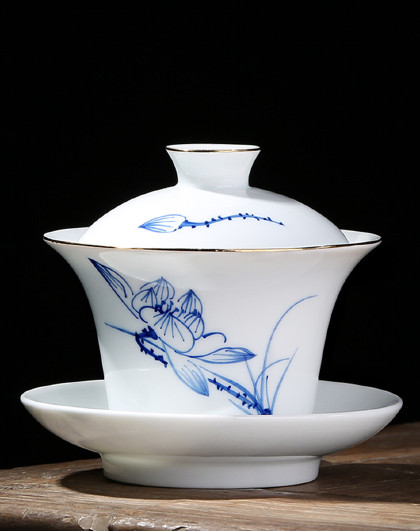 描金盖碗茶杯功夫茶具德化白瓷敬茶碗手工大号单个泡茶碗三才盖碗