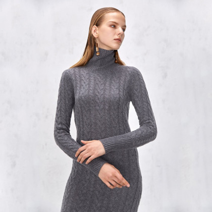 思诺芙德连衣裙女秋冬纯羊绒长裙高领加厚套头长裙长款毛衣针织裙