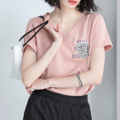 修身舒适百搭显瘦清凉夏装新款时尚珠片绣短袖v领t恤女潮流