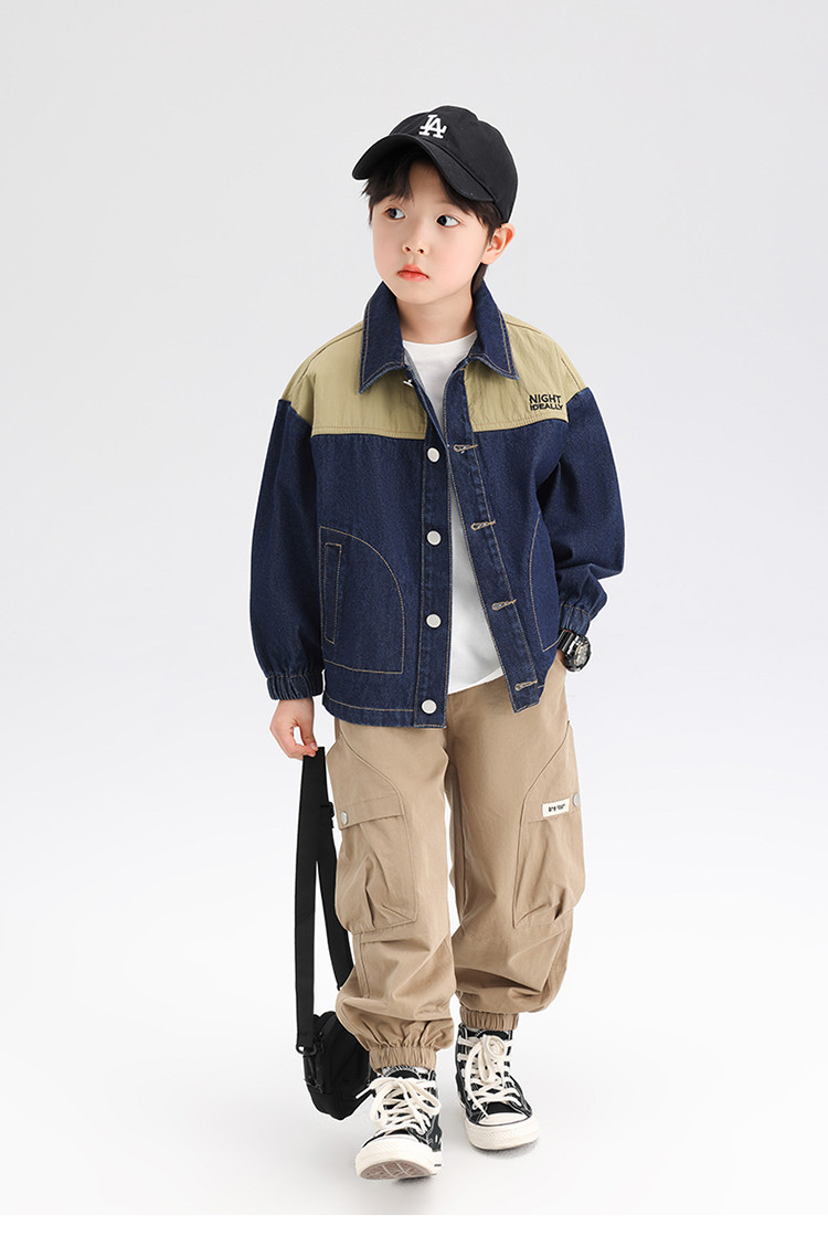 男童外套2024春款儿童牛仔上衣潮酷男孩撞色拼接长袖中大童装
