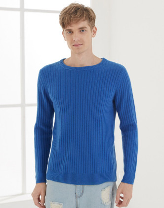 勒夫蓝纯山羊绒圆领抽条加厚男套衫