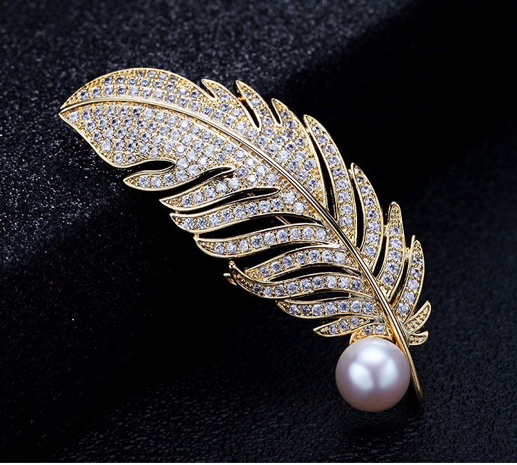 金色羽毛淡水珍珠胸针商务送礼