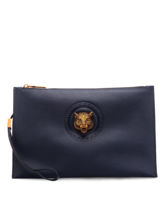 男款蓝色牛皮金属豹头装饰手拿包