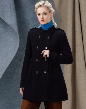午夜蓝双排扣气质中长款呢大衣