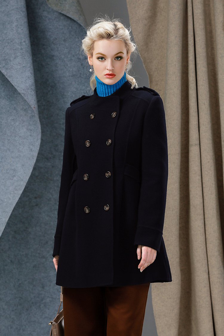 午夜蓝双排扣气质中长款呢大衣