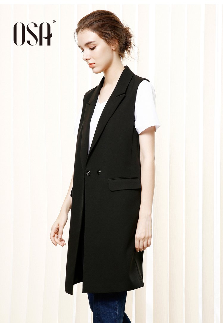 osa欧莎秋冬款 黑色翻领修身剪裁中长马甲