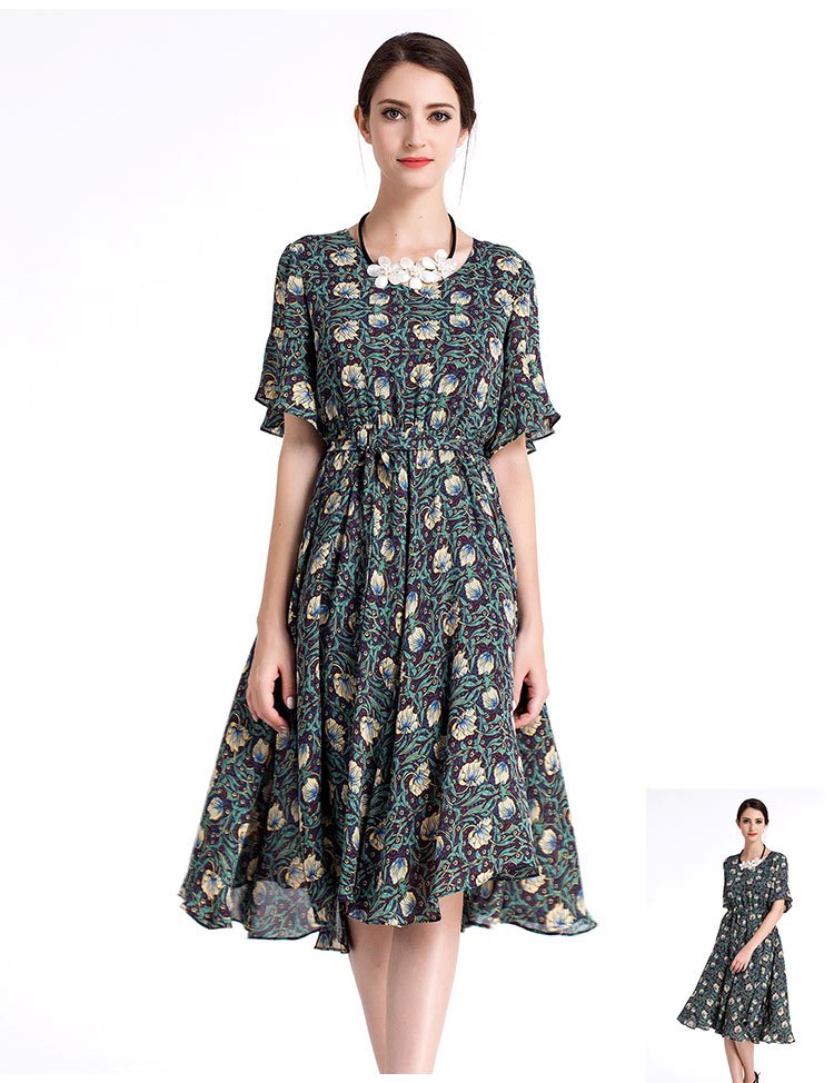 沐兰夏季新品优雅v领梭织印花连衣裙
