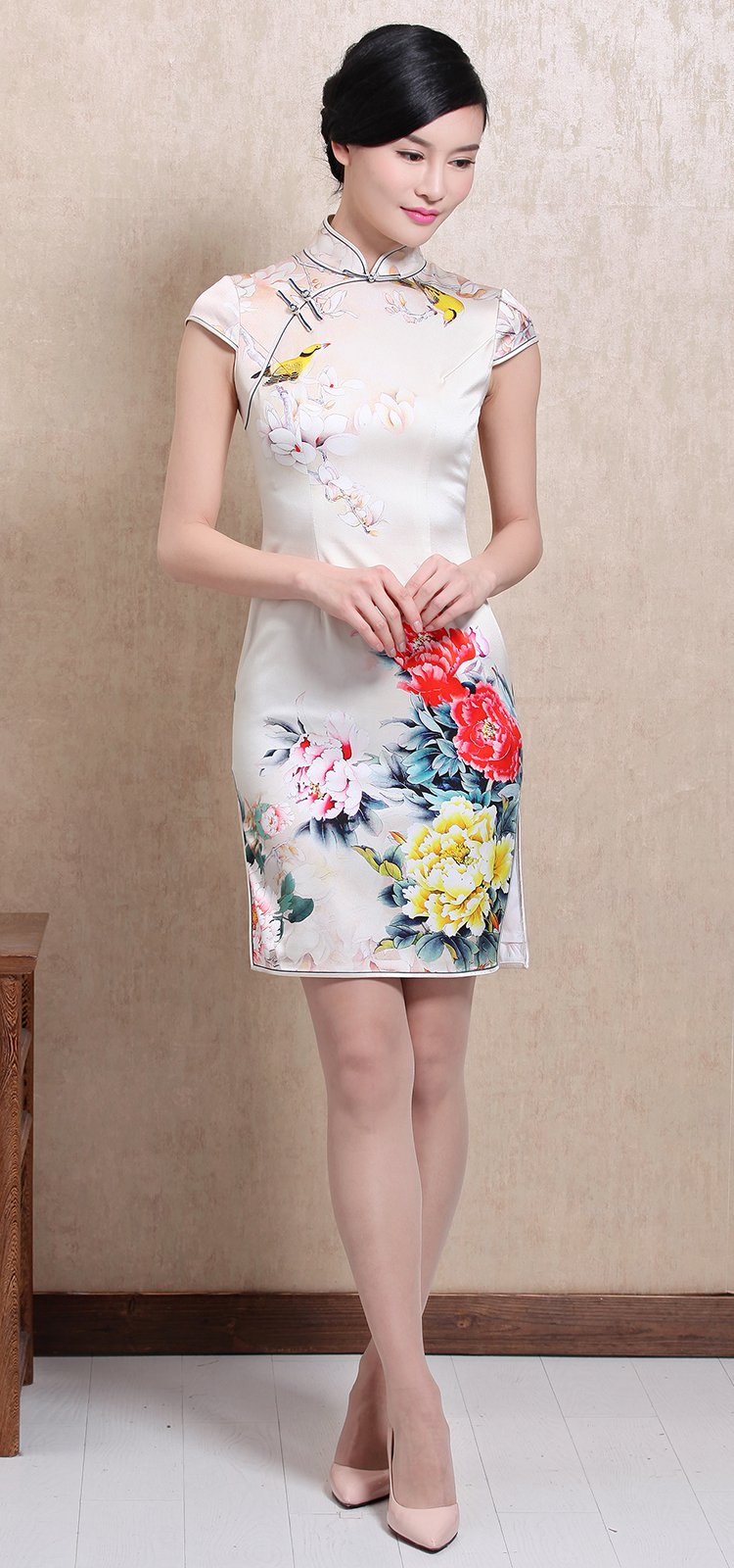 女款牡丹花印花真丝旗袍