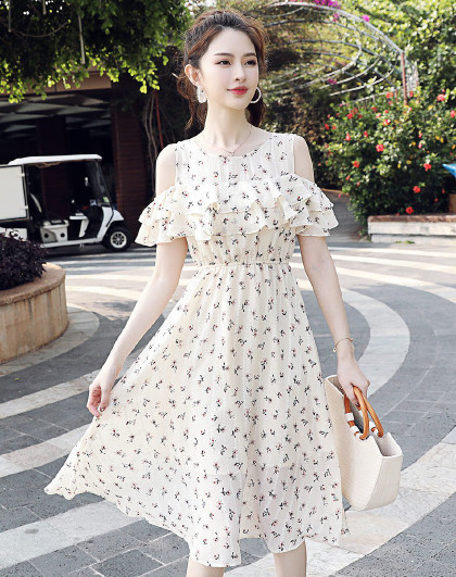 碎花雪纺连衣裙中长款性感露肩气质仙女裙