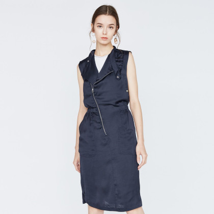 地素拉链斜开襟无袖高腰松紧雪纺连衣裙