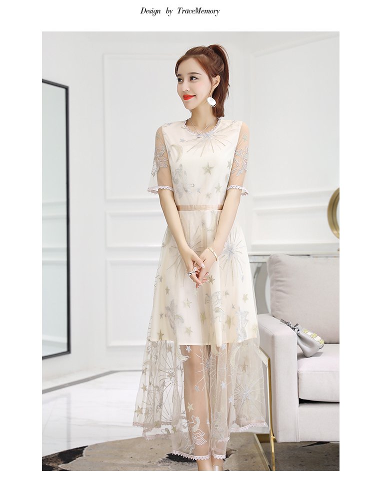 蕾丝网纱透视刺绣连衣裙长裙