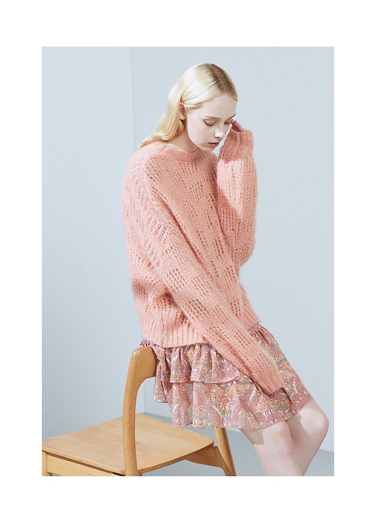 菀草壹秋装新款粉色毛衣镂空套头韩版宽松外搭针织衫女式针织衫