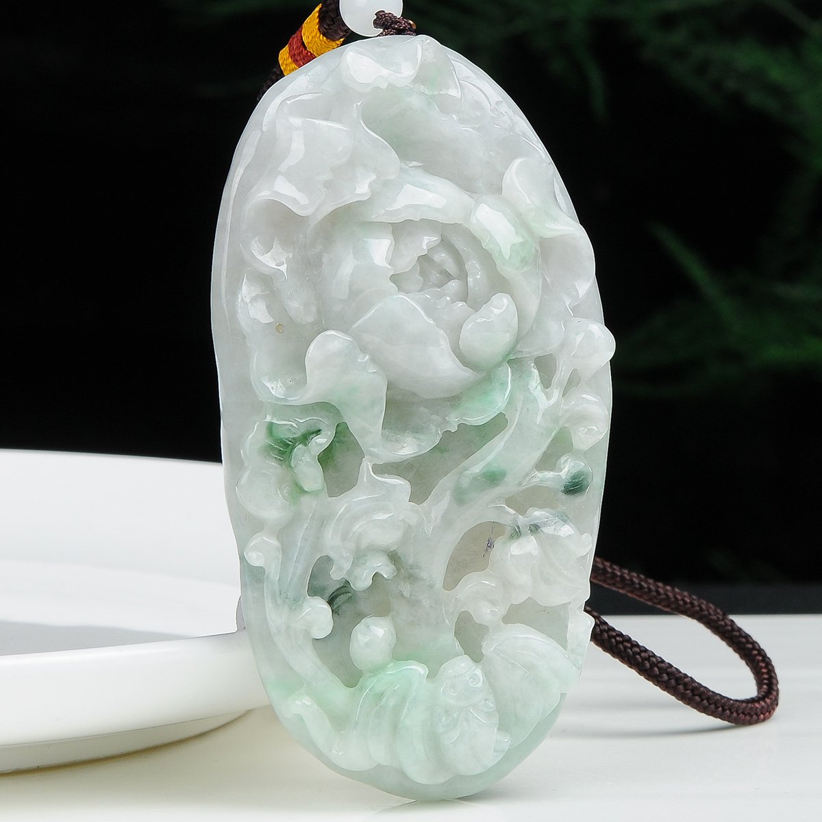 a货翡翠牡丹花冰糯种浅绿飘花手把玩玉石手把件附证书