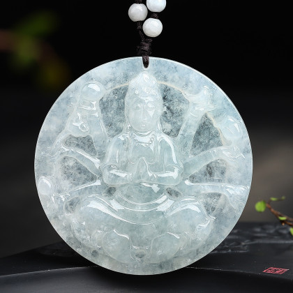 亿珍阁翡翠a货冰糯浅绿千手观音菩萨圆玉佩玉坠玉挂件附证书