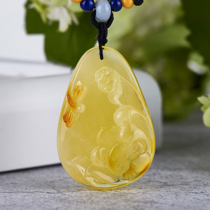 嘉乐琥珀天然琥珀吊坠女款蜜蜡雕刻莲花挂件一品清廉