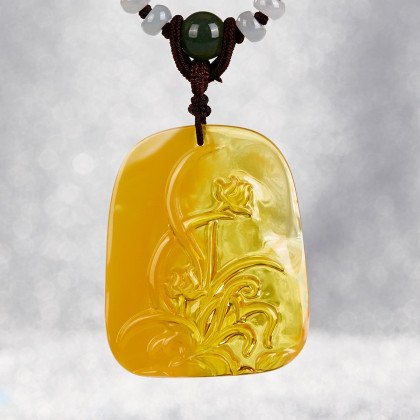 嘉乐琥珀兰花精雕吊坠雕刻项链男女款挂件孤品品质高洁