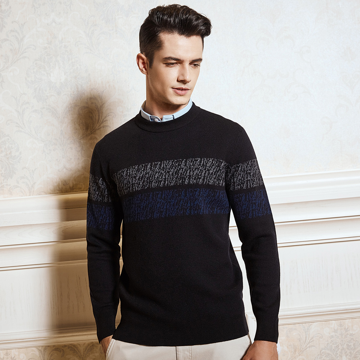 金利来【加厚】秋冬男士羊毛衫毛衣圆领休闲条纹男套头衫男士毛衣