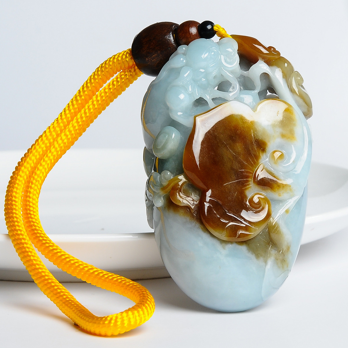 翡翠a货冰糯浅绿褐黄如意貔貅玉石手把件/翡翠手把件附证书