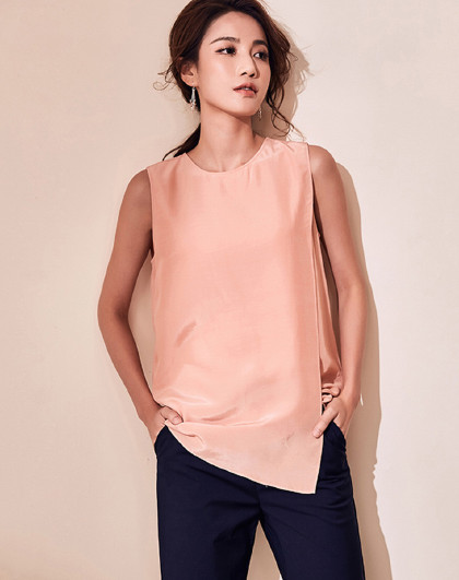 罗衣夏装不对称衬衣女气质橘粉色简约清爽透气无袖上衣衬衫