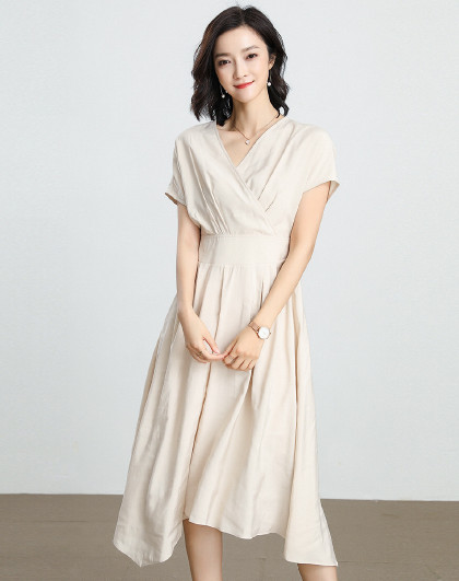 【专柜同款】职业款式素色v领显瘦裙摆开衩a字裙子连衣裙夏