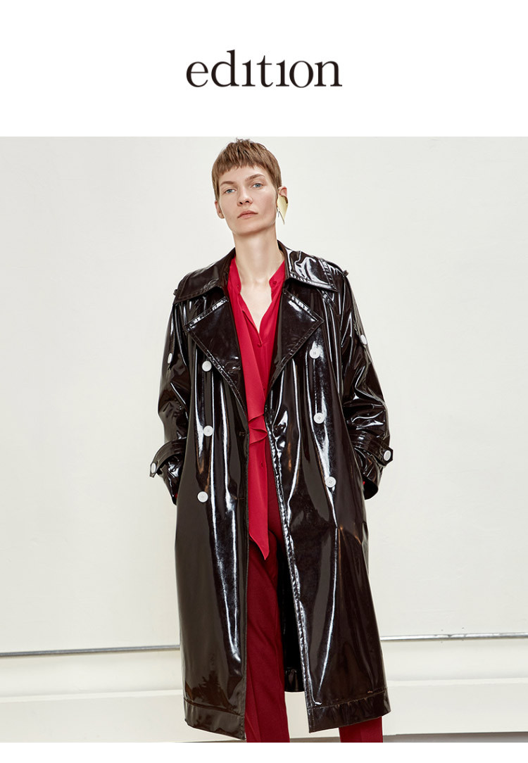 商场同款亮面漆皮复古翻领风衣外套