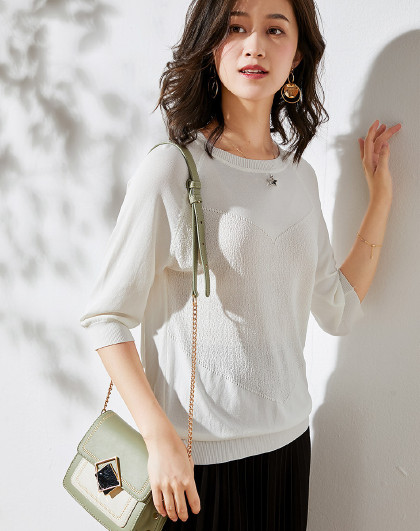 冰丝针织衫女士气质纯色镂空半袖一字肩上衣百搭休闲针织衫女上衣