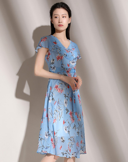 shish【100%桑蚕丝】女款印花抽带收腰真丝连衣裙k81363-998_唯品会
