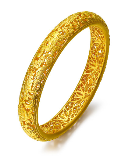 周六福 古法工艺足金手镯镂空花纹黄金手镯女士