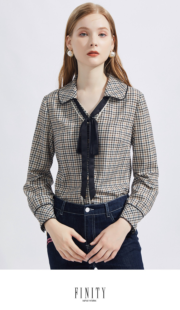 春季格纹衬衣系带长袖时尚百搭英伦风衬衣衬衫女