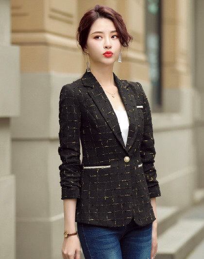 女士小香风休闲格子西装外套秋冬新款单西修身收腰女式小西服外套
