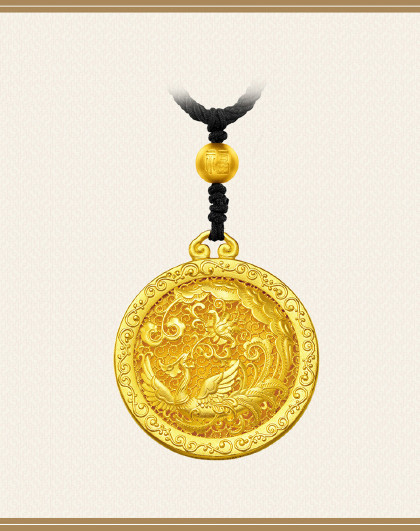 传承系列 古法黄金 沙面镂空 凤栖梧桐 足金黄金吊坠
