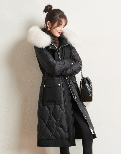 轻薄羽绒服女中长款秋冬季新款韩版时尚连帽毛领收腰女士保暖外套