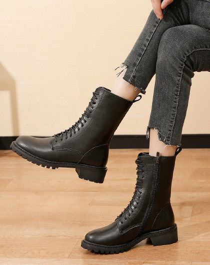 【特惠清仓】红蜻蜓冬季女靴时尚厚底马丁靴后拉链显瘦女靴子